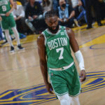 SAN FRANCISCO, CA - JUNE 2: Jaylen Brown #7 of the Boston Celtics looks on during Game One of the 2022 NBA Finals on June 2, 2022 at Chase Center in San Francisco, California. NOTE TO USER: User expressly acknowledges and agrees that, by downloading and or using this photograph, user is consenting to the terms and conditions of Getty Images License Agreement. Mandatory Copyright Notice: Copyright 2022 NBAE (Photo by Noah Graham/NBAE via Getty Images)
