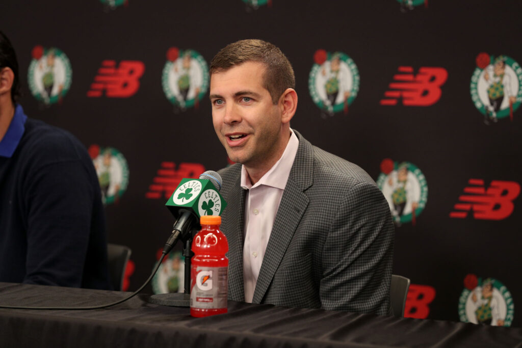 BOSTON, MA - JULY 12: Boston Celtics president Brad Stevens addresses the media during a press conference introducing new players Malcolm Brogdon and Danilo Gallinari on July 12, 2022 at the Auerbach Center in Boston, Massachusetts.  NOTE TO USER: User expressly acknowledges and agrees that, by downloading and or using this photograph, User is consenting to the terms and conditions of the Getty Images License Agreement. Mandatory Copyright Notice: Copyright 2022 NBAE  (Photo by Chris Marion/NBAE via Getty Images)